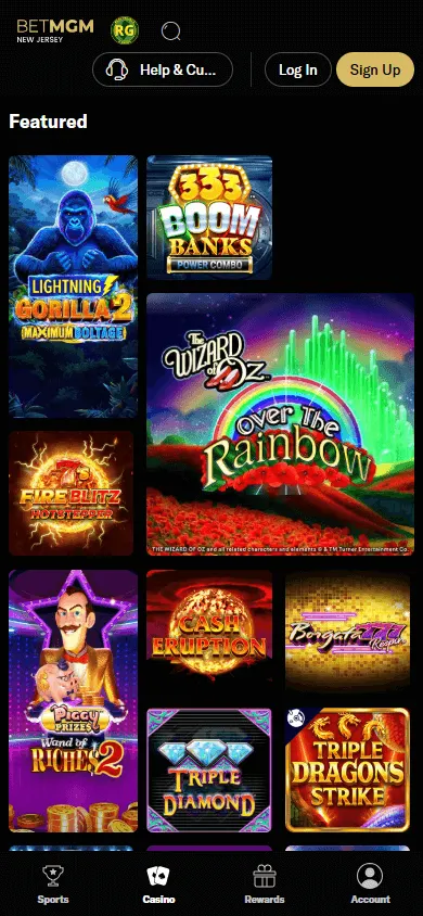 BetMGM Casino games screen on a mobile device