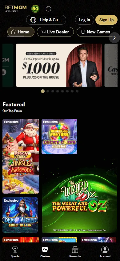 BetMGM Casino home screen on a mobile device