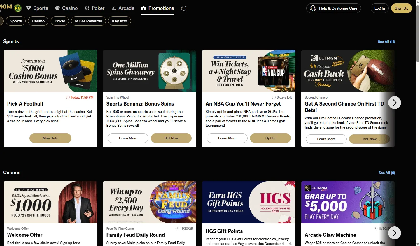 BetMGM Casino promotions screen on desktop