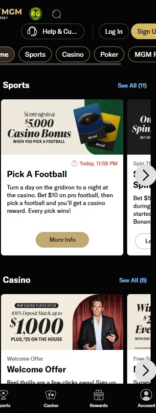BetMGM Casino promotions screen on a mobile device